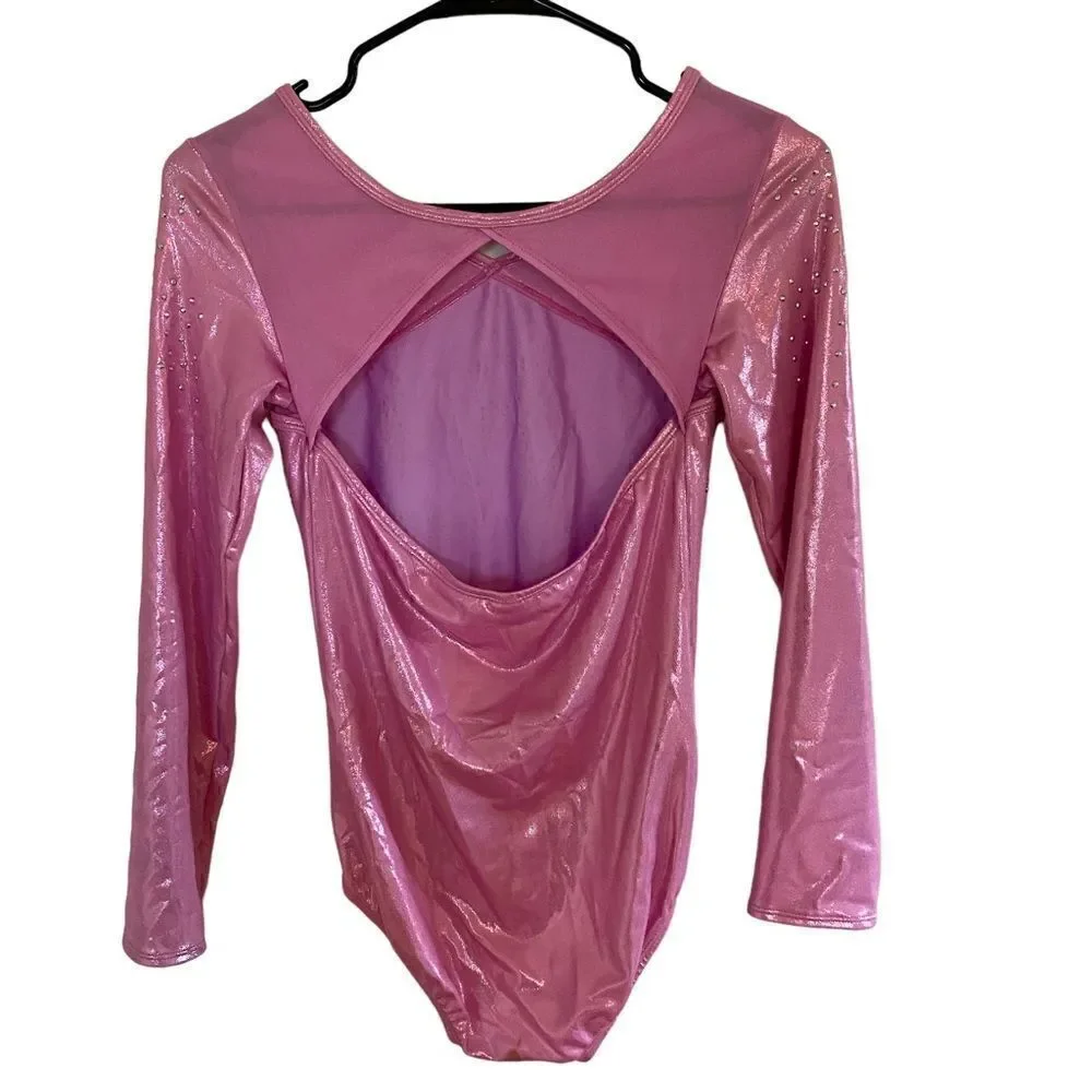 cat & Jack long sleeve leotard XL 14/16 pink sparkly cut out back